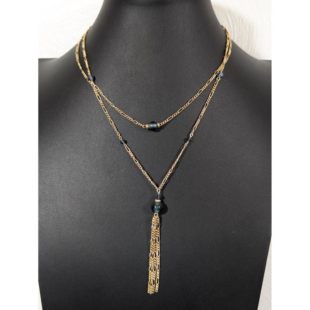 Retro Blue‎ Glass Bead Gold Tone Figaro Multi Chain Tassel Layer Necklace 17"